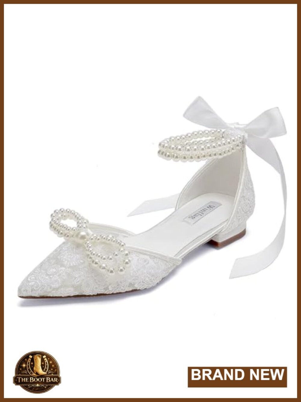 Wedding Flats for Bride Pointed Toe Lace Ballet Shoes with Pearl Strap